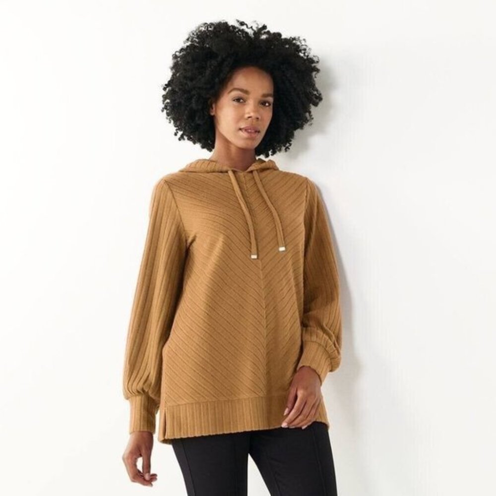 Nine West XXL Tunic Top Elson Tan Fleece Hoodie Striped Pullover Long Sleeve